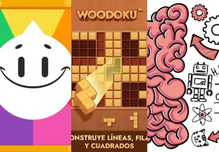 Collage de juegos mentales para adultos: un personaje sonriente, un juego de bloques tipo Tetris y un cerebro con elementos de ciencia.