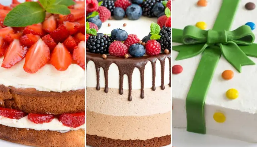 Tres sencillas tartas de cumpleaños originales para adultos: una de fresas, otra de frutos rojos y chocolate, y una tercera decorada como un regalo.