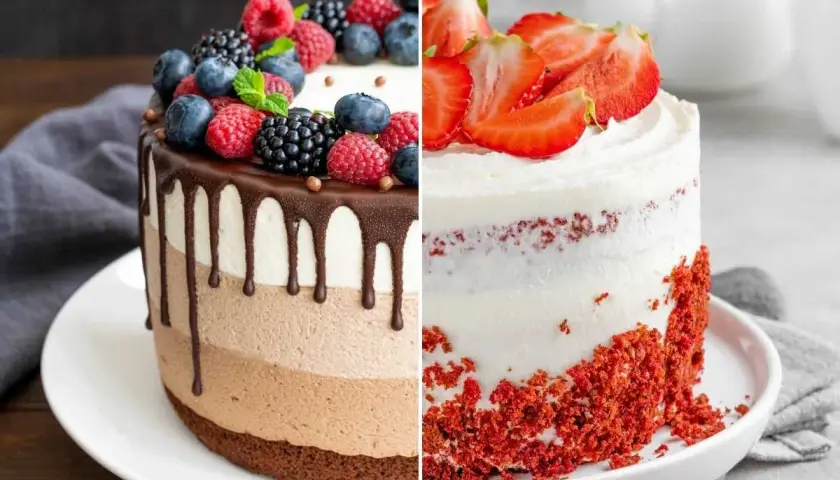Dos tartas de cumpleaños: una de chocolate con frutos rojos y otra Red Velvet con fresas. ¡Ideas deliciosas!