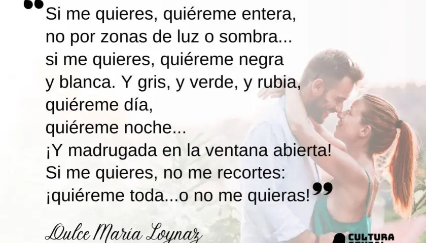 Un hombre y una mujer se abrazan tiernamente. El texto es un fragmento de poemas de amor para dedicar de Dulce María Loynaz.