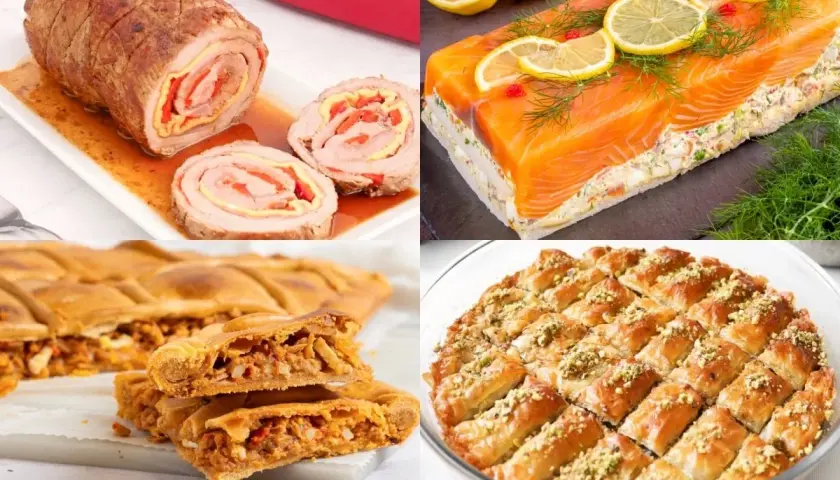 Variedad de comida para 20 personas en casa: rollo de carne, pastel de salmón, empanada y baklava.