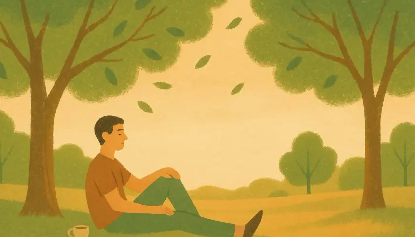 Hombre sentado bajo un árbol, taza de café al lado. El paisaje otoñal inspira reflexión y crecimiento personal.