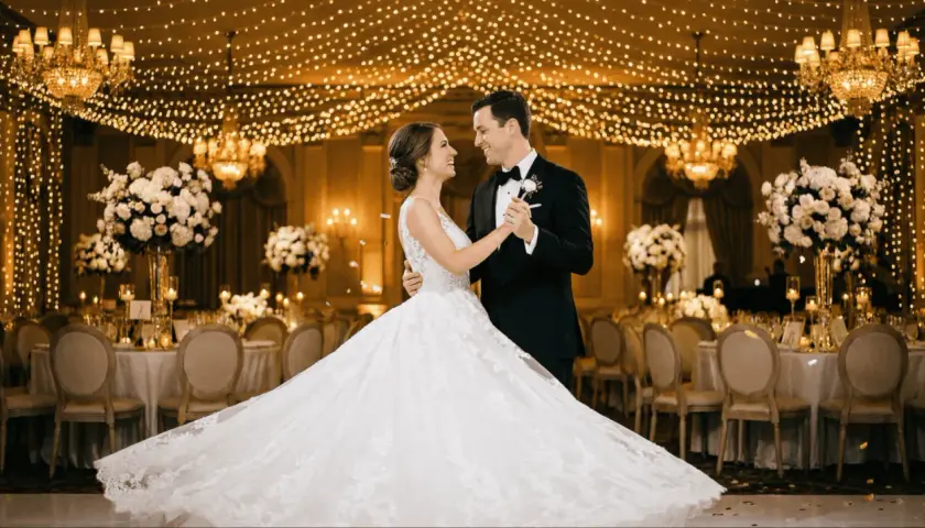 Novios bailando su vals boda bajo luces doradas. El salón está decorado con candelabros y arreglos florales.