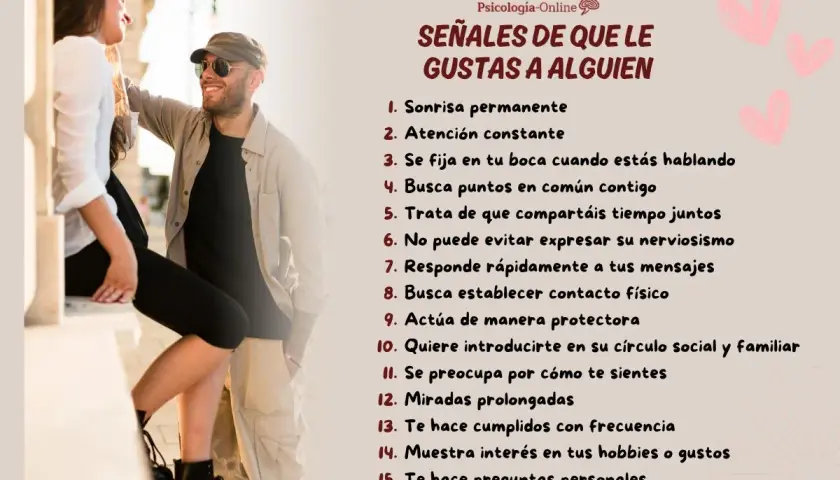 Hombre sonriente mira a mujer. Lista de señales para saber como saber si un hombre esta enamorado: atención, contacto físico, interés.
