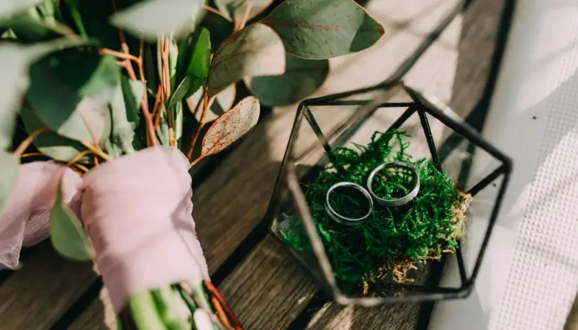 Anillos de boda en musgo dentro de un terrario de vidrio, junto a un ramo con flores y velo rosa. Celebrando un aniversario boda 5 años.
