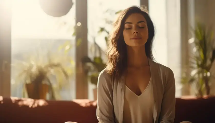 Mujer meditando en un retiro de silencio, con los ojos cerrados y rodeada de plantas.