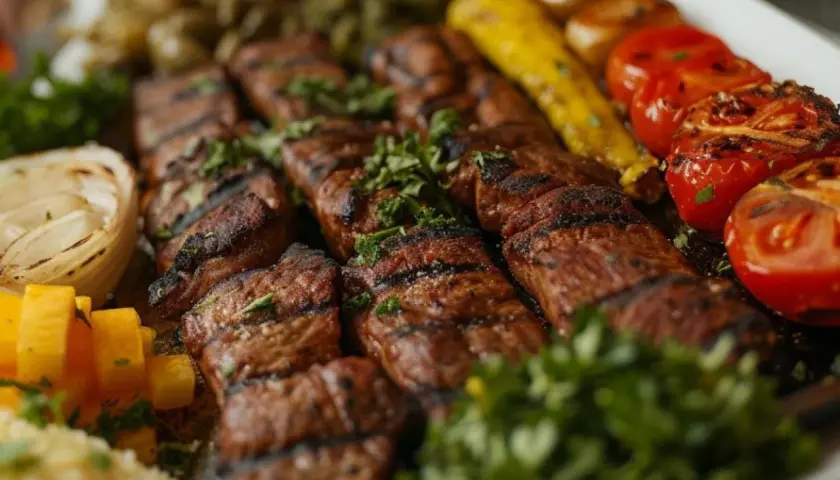 Sabrosa parrillada de carne, verduras y arroz. Un delicioso menú halal para disfrutar.