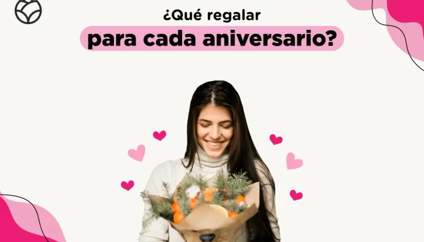 Una mujer sonríe con un ramo de naranjas y ramas de pino. El texto pregunta: "¿Qué regalar para cada aniversario?".