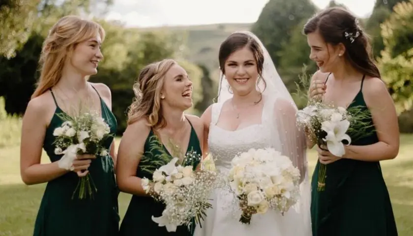 Novia sonriente con damas de honor, un momento perfecto para una boda de tarde.