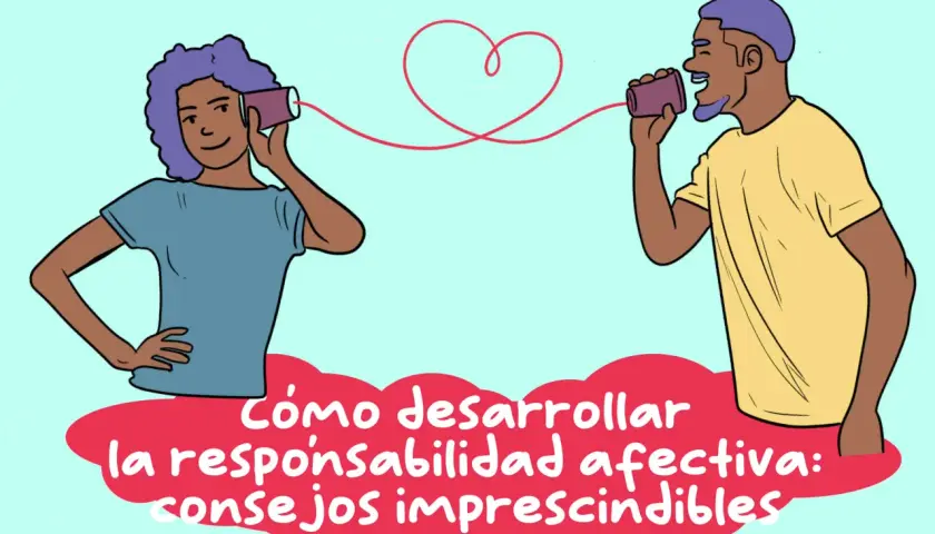Dos personas se comunican con latas y un hilo, simbolizando la responsabilidad emocional.