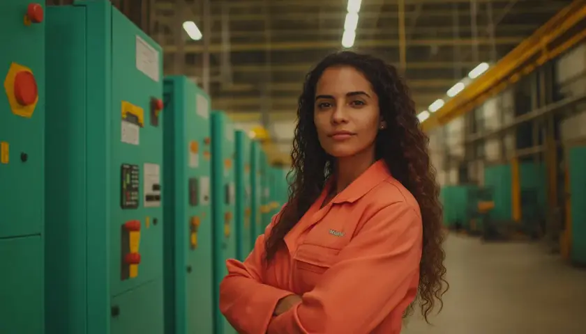 Mujer con traje naranja en fábrica, brazos cruzados, con confianza. Un ejemplo de cómo mejorar la autoestima en entornos laborales.