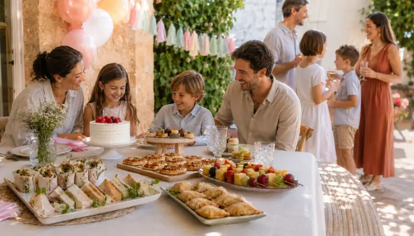 Familia celebrando con un delicioso menú para fiestas: pastel, mini pizzas, sándwiches, bocadillos y frutas.