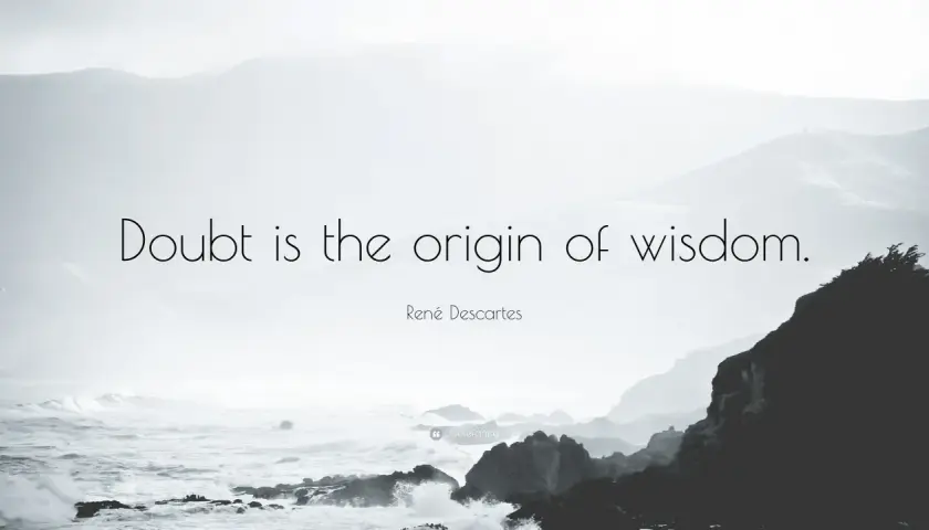 Paisaje brumoso con la frase "La duda es el origen de la sabiduría" de Descartes.