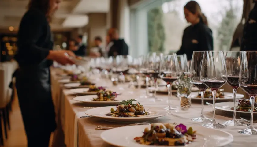 Servicio de catering: camareros preparan mesa elegante con copas de vino y platos gourmet.