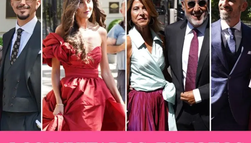 Varios invitados a la boda de Tamara Falcó, luciendo elegantes trajes y vestidos de fiesta.