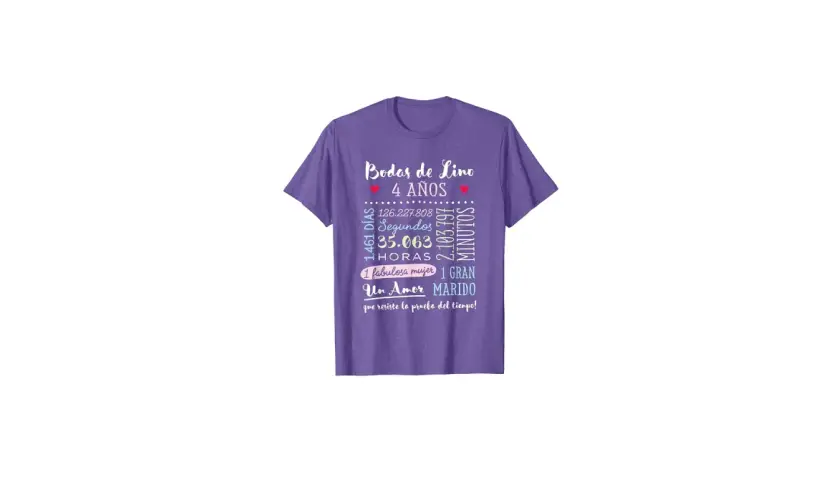 Camiseta morada con texto celebrando el aniversario 4 años de casados: "Bodas de Lino 4 AÑOS".