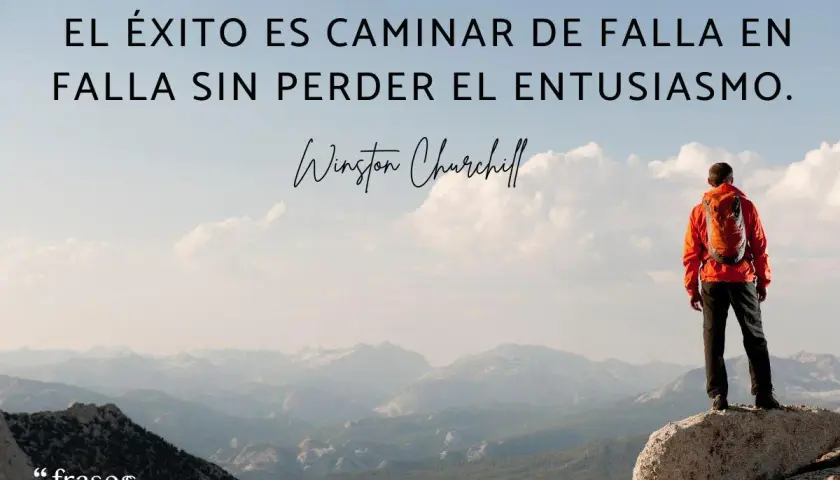 Un excursionista en la cima de una montaña, contemplando un paisaje, con frases de logros y esfuerzos.