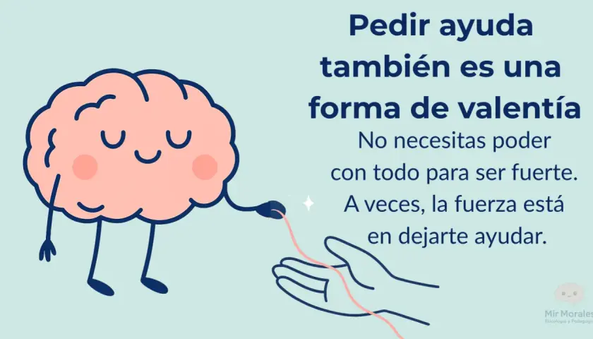 Un cerebro sonriente ofrece una mano amiga, recordándonos que pedir ayuda es una forma de valentía, una de las motivadoras frases para salir de la depresión.