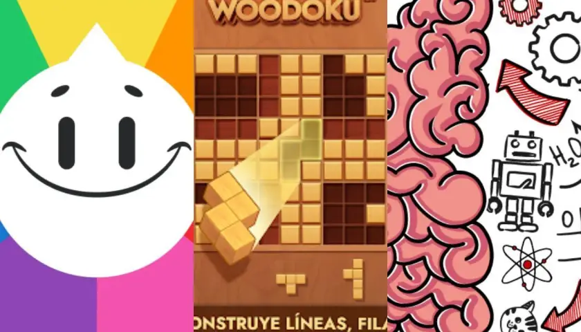 Collage de juegos mentales para adultos: un personaje sonriente, un juego de bloques tipo Tetris y un cerebro con elementos de ciencia.