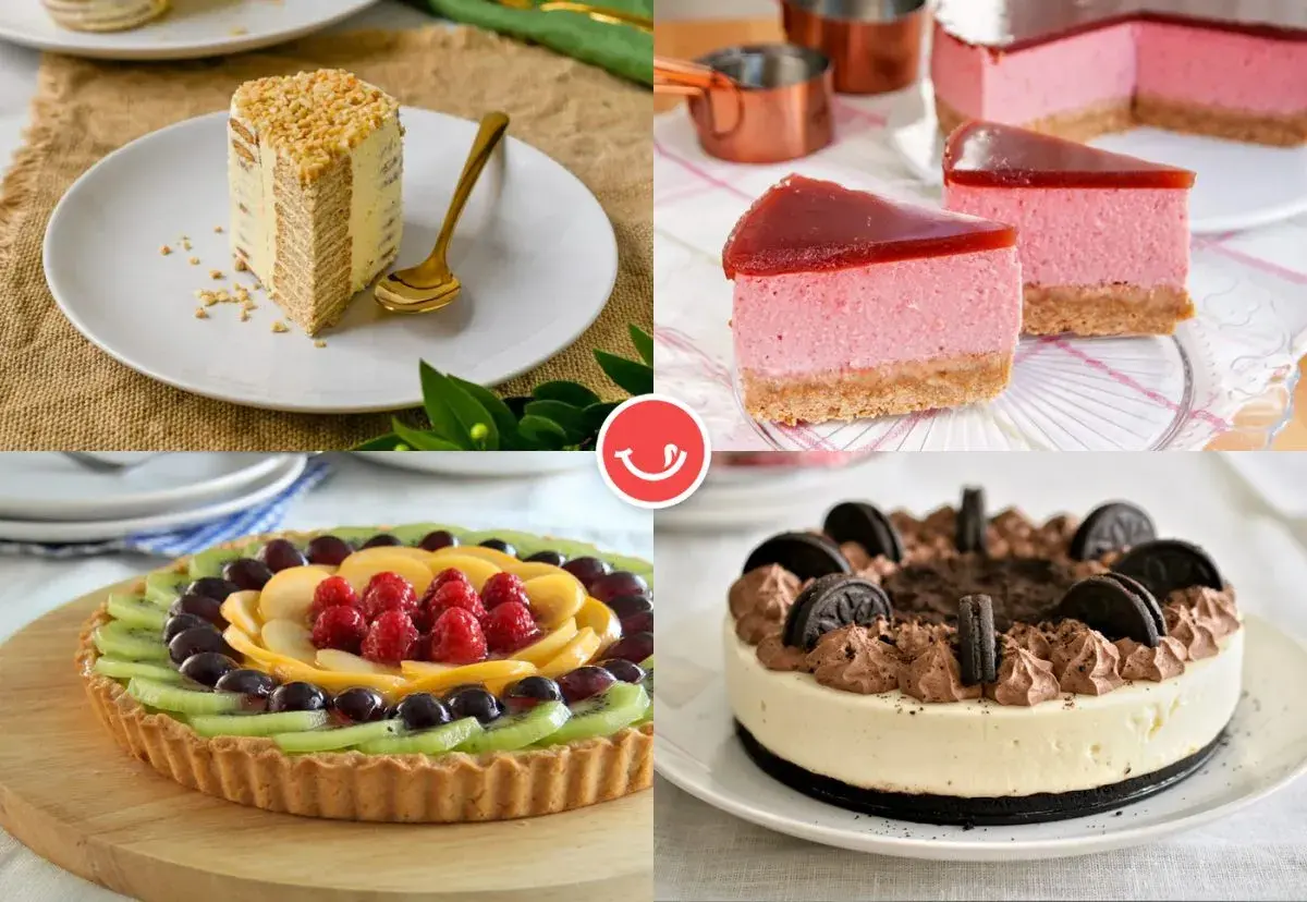 Cuatro tipos de tartas de cumpleaños: de galleta, de fresa, de frutas y de chocolate con Oreo.