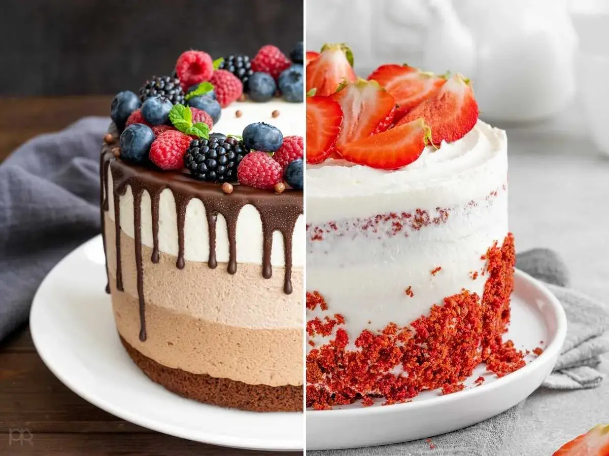 Dos tartas de cumpleaños: una de chocolate con frutos rojos y otra Red Velvet con fresas. ¡Ideas deliciosas!