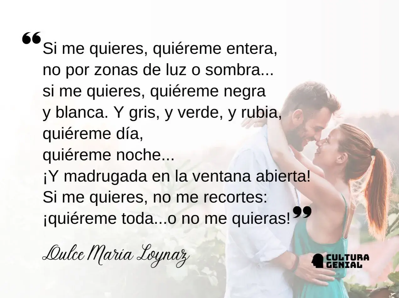 Un hombre y una mujer se abrazan tiernamente. El texto es un fragmento de poemas de amor para dedicar de Dulce María Loynaz.