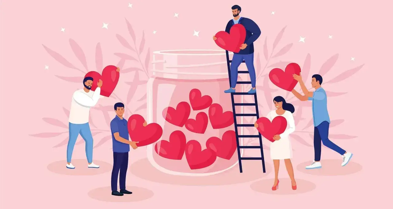 Personas recolectan corazones rojos para llenar un frasco, mostrando que es el amor.