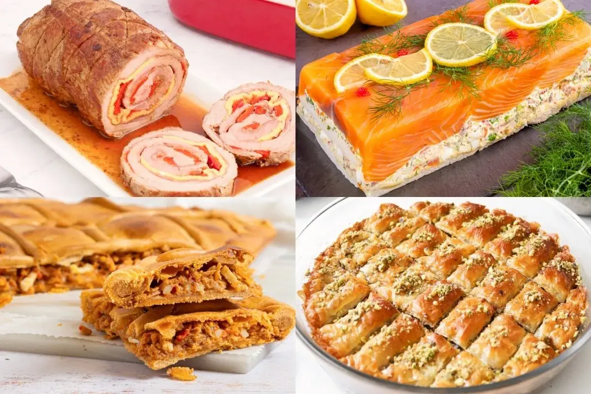 Variedad de comida para 20 personas en casa: rollo de carne, pastel de salmón, empanada y baklava.