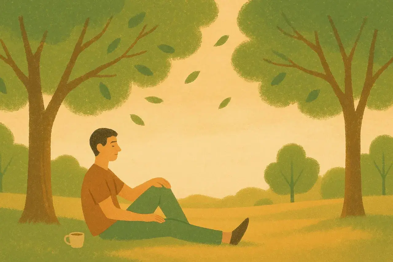 Hombre sentado bajo un árbol, taza de café al lado. El paisaje otoñal inspira reflexión y crecimiento personal.