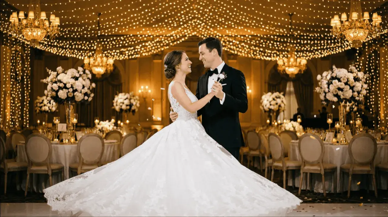 Novios bailando su vals boda bajo luces doradas. El salón está decorado con candelabros y arreglos florales.