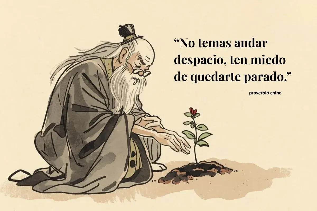 Anciano cuidando una planta, con el proverbio chino: "No temas andar despacio, ten miedo de quedarte parado.