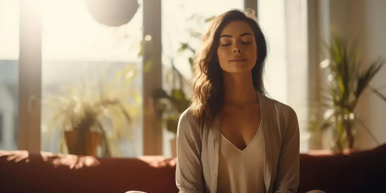 Mujer meditando en un retiro de silencio, con los ojos cerrados y rodeada de plantas.