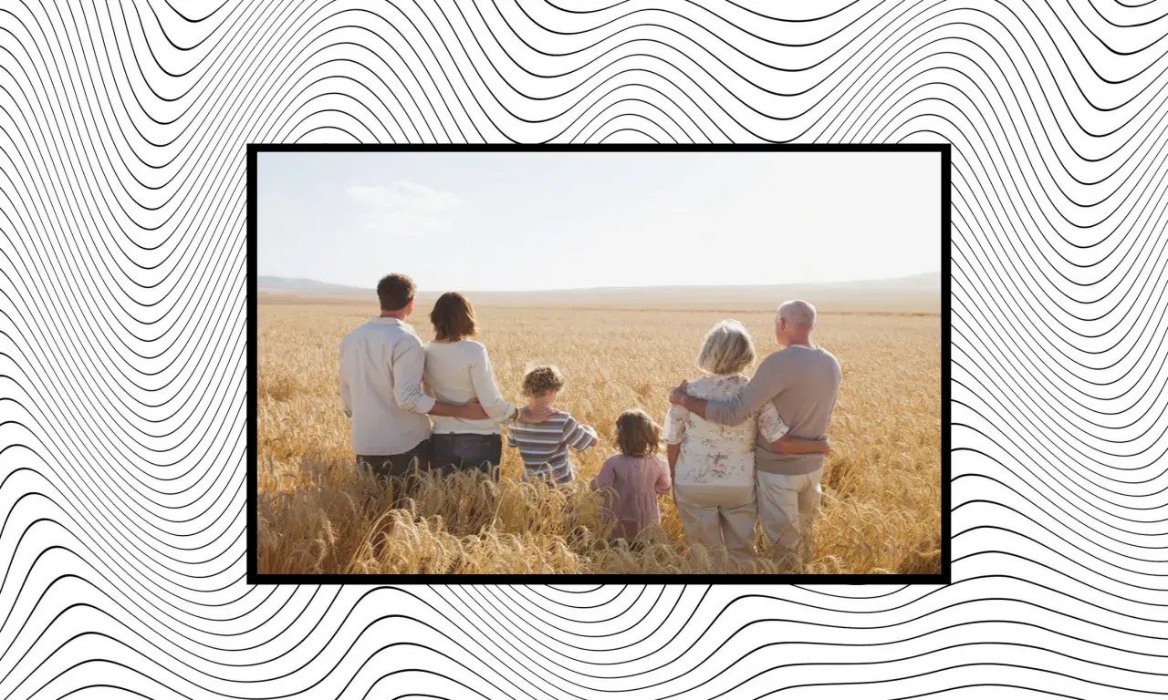 Familia reunida en un campo de trigo, unida por el amor. Reflexión frases familia.