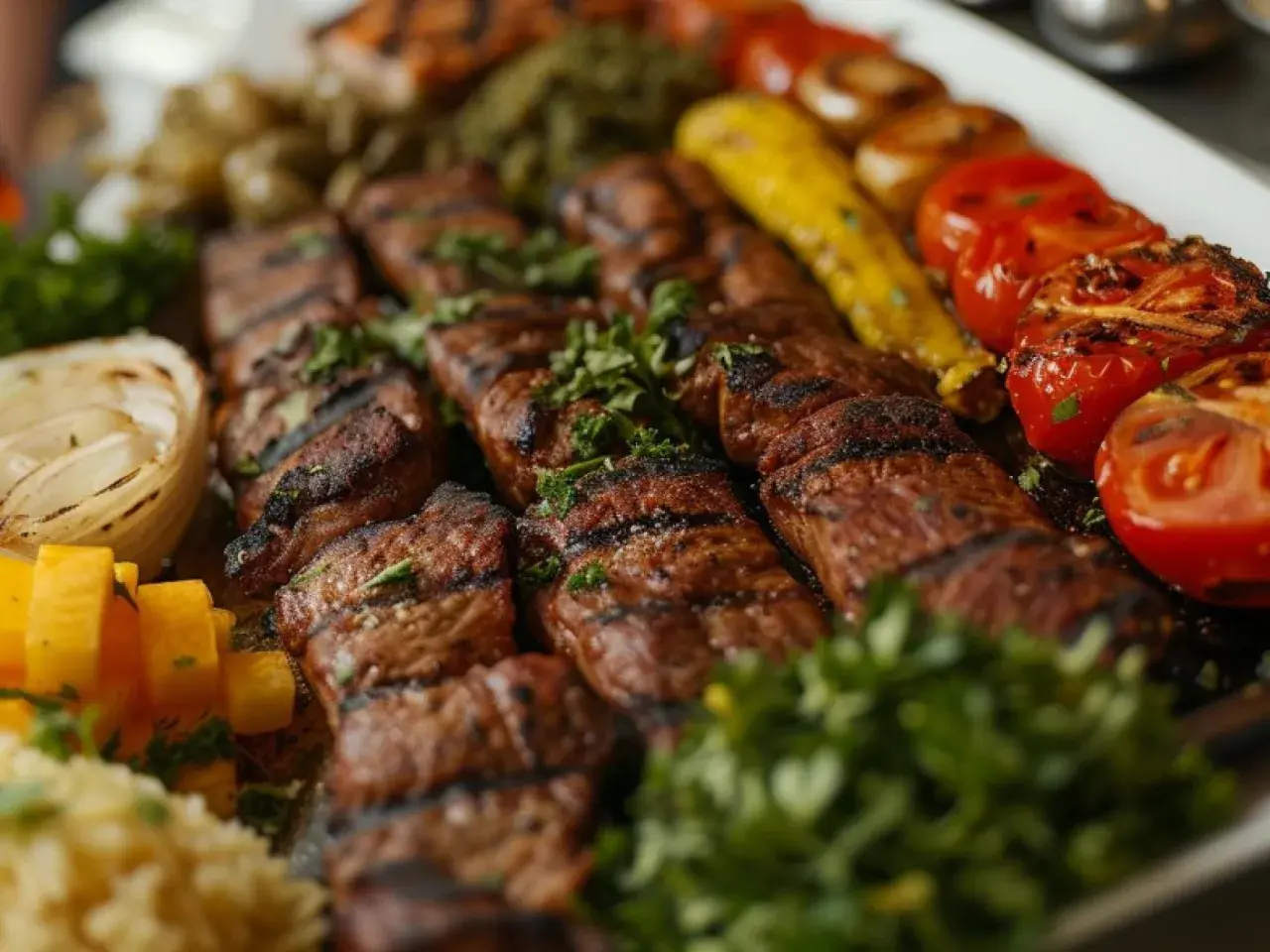 Sabrosa parrillada de carne, verduras y arroz. Un delicioso menú halal para disfrutar.