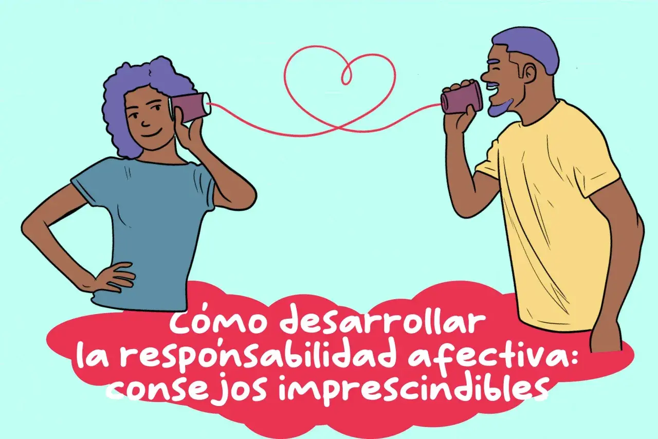 Dos personas se comunican con latas y un hilo, simbolizando la responsabilidad emocional.