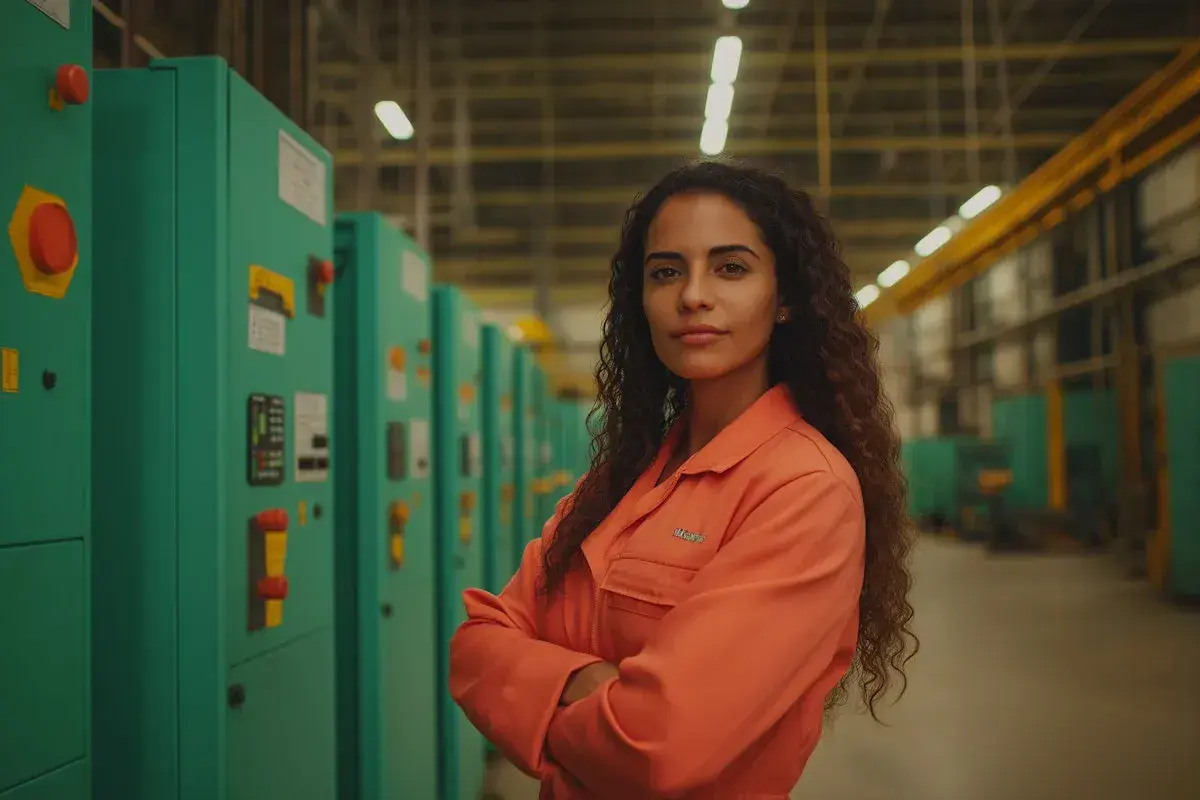 Mujer con traje naranja en fábrica, brazos cruzados, con confianza. Un ejemplo de cómo mejorar la autoestima en entornos laborales.