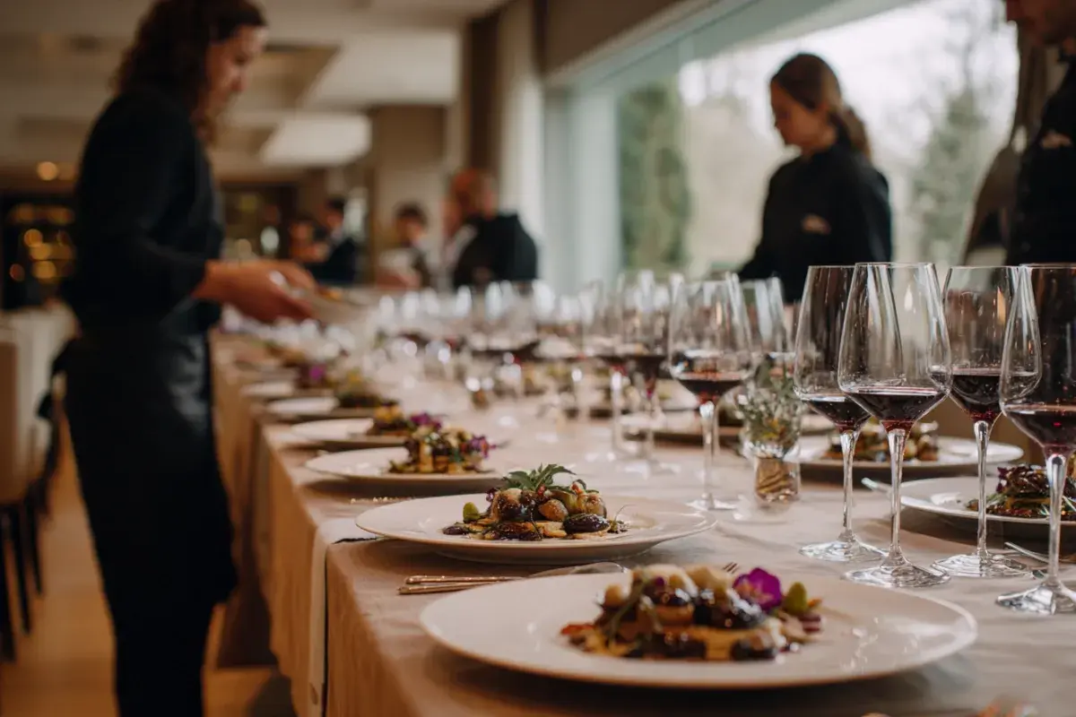 Servicio de catering: camareros preparan mesa elegante con copas de vino y platos gourmet.
