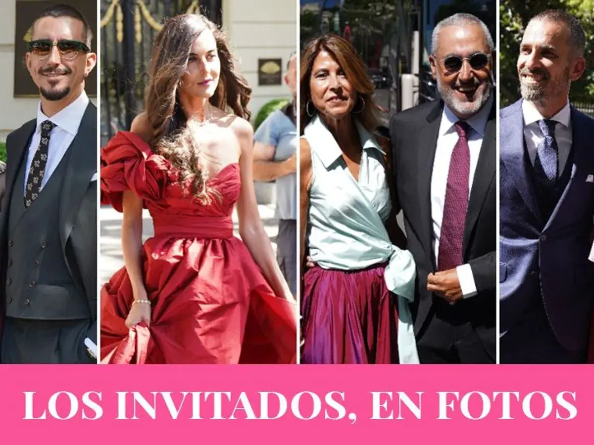 Varios invitados a la boda de Tamara Falcó, luciendo elegantes trajes y vestidos de fiesta.