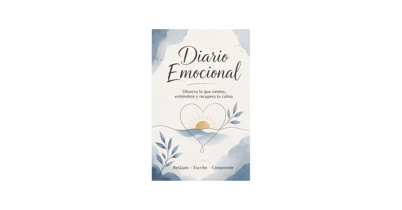 Portada de un "Diario Emocional" con un corazón, sol naciente y ramas. Invita a observar, entender y recuperar la calma.