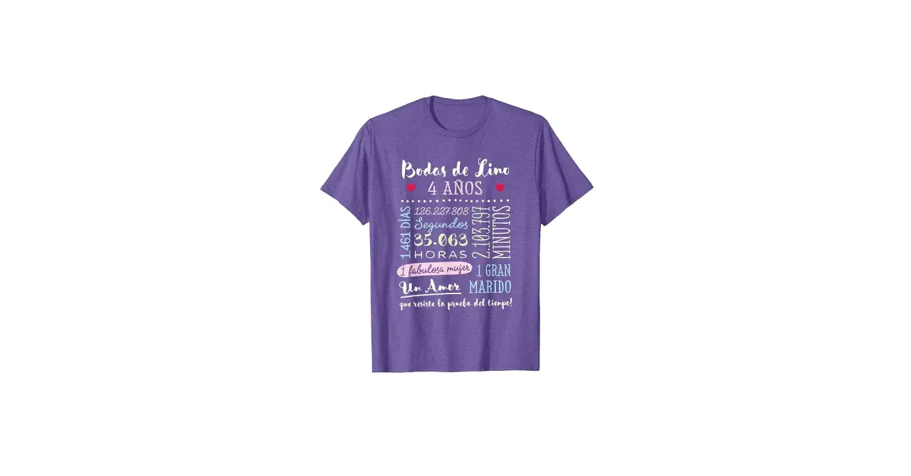 Camiseta morada con texto celebrando el aniversario 4 años de casados: "Bodas de Lino 4 AÑOS".
