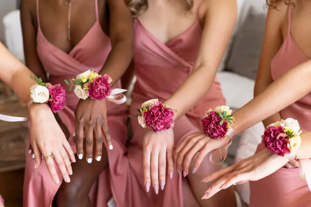 Manos con ramilletes florales, un detalle común en el bridal shower, simbolizando la unión y celebración.
