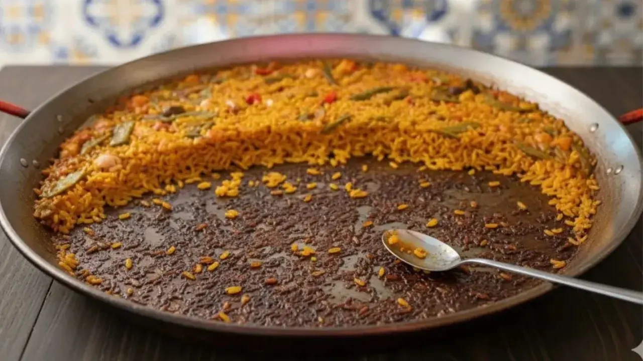 Paella casi terminada en una paellera. El arroz pegado en el fondo, con una cuchara, indica que ha sido deliciosa.