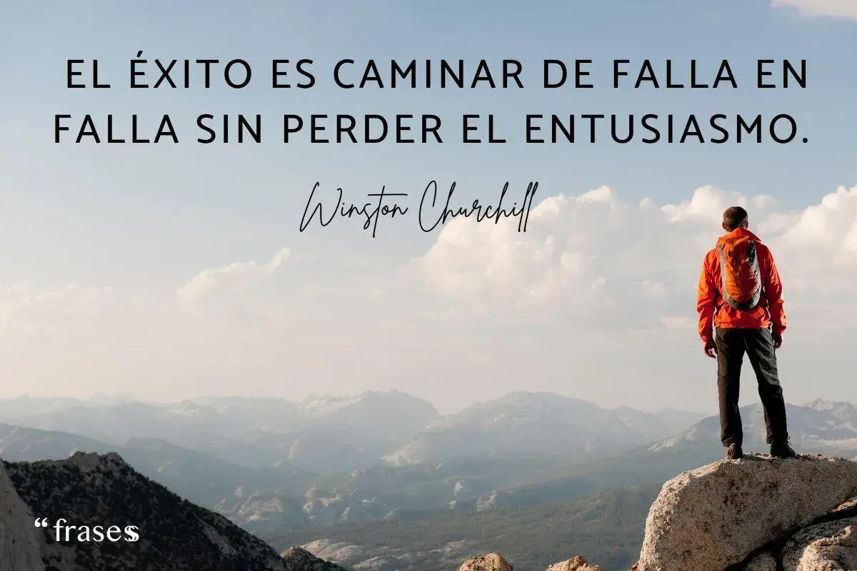 Un excursionista en la cima de una montaña, contemplando un paisaje, con frases de logros y esfuerzos.