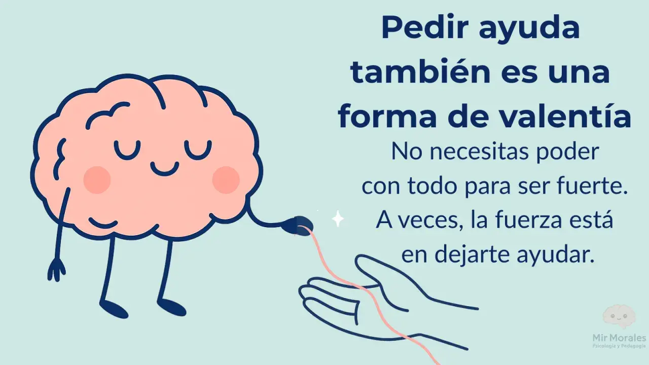 Un cerebro sonriente ofrece una mano amiga, recordándonos que pedir ayuda es una forma de valentía, una de las motivadoras frases para salir de la depresión.
