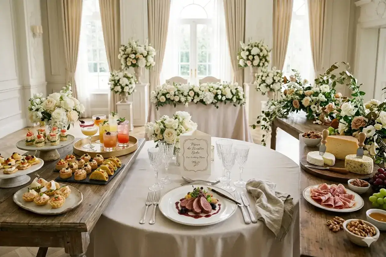 Elegante mesa de banquete con flores, aperitivos, cócteles y un plato principal. El
