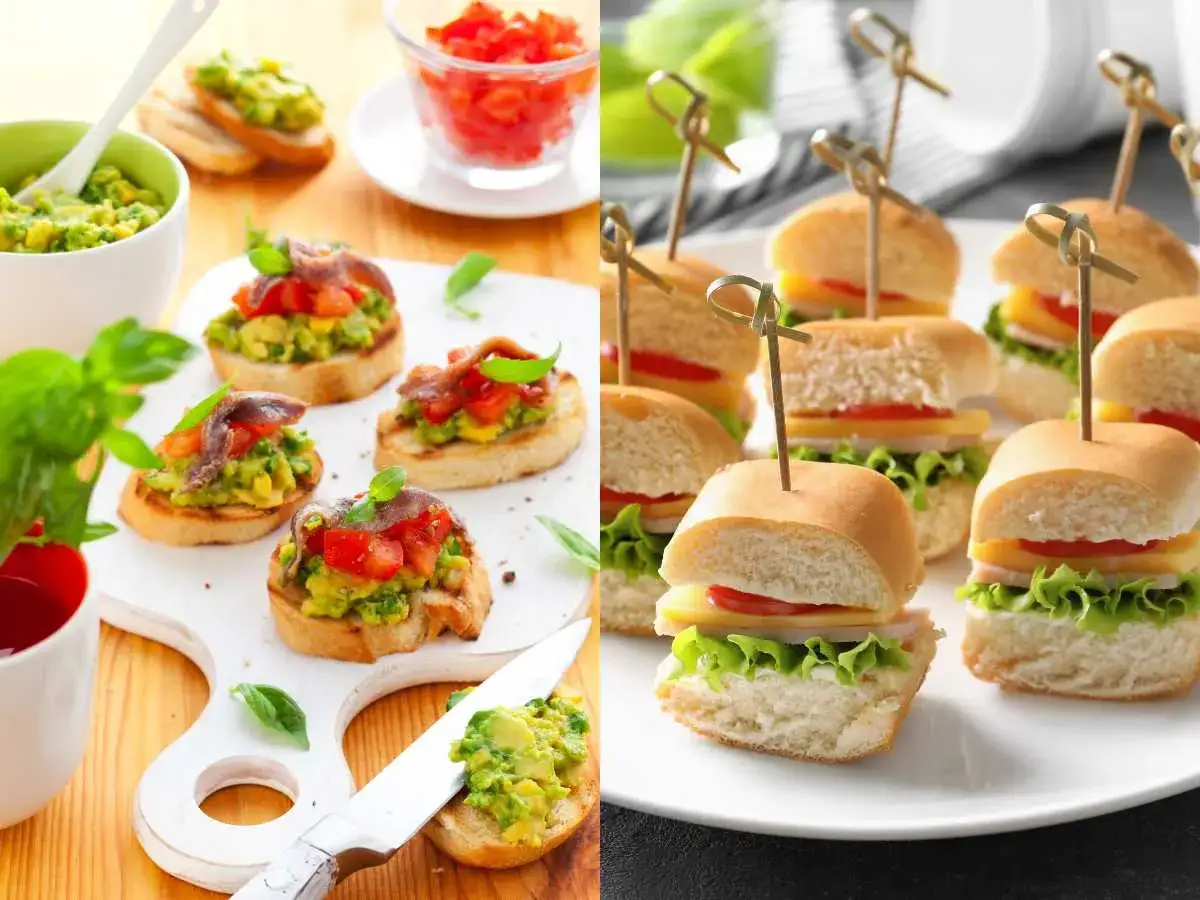 Picoteo comida para cumpleaños en casa: bruschettas con aguacate y anchoas, y mini hamburguesas con queso y lechuga. ¡Delicioso!