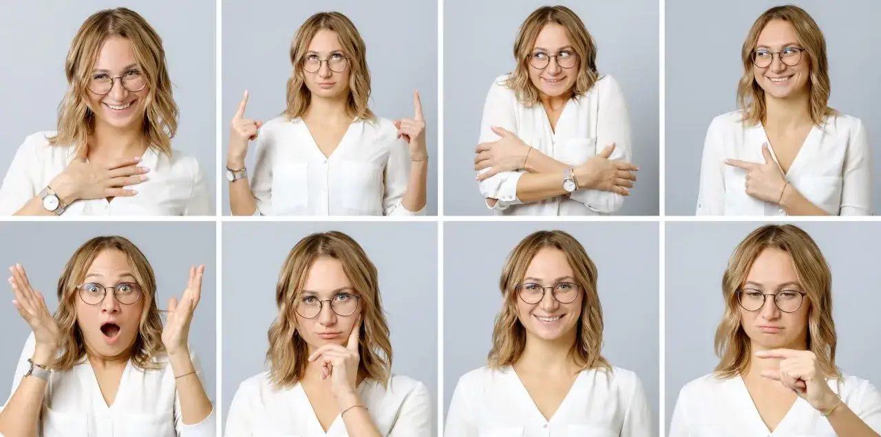 Ocho expresiones de una mujer con gafas, mostrando diferentes emociones. &iquest;Ser&aacute; que as&iacute; se aprende como ligar?