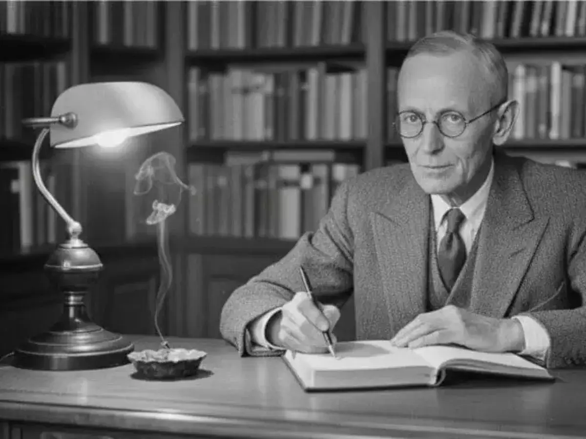 Un hombre con gafas escribe en un libro, rodeado de estanter&iacute;as llenas de libros. Su concentraci&oacute;n evoca la profundidad de las frases de Hermann Hesse.
