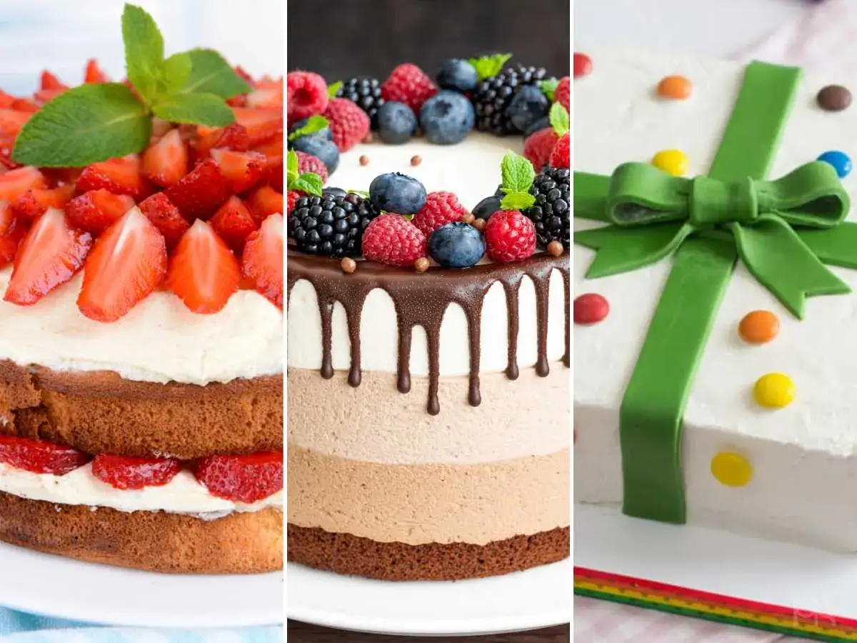 Tres sencillas tartas de cumplea&ntilde;os originales para adultos: una de fresas, otra de frutos rojos y chocolate, y una tercera decorada como un regalo.