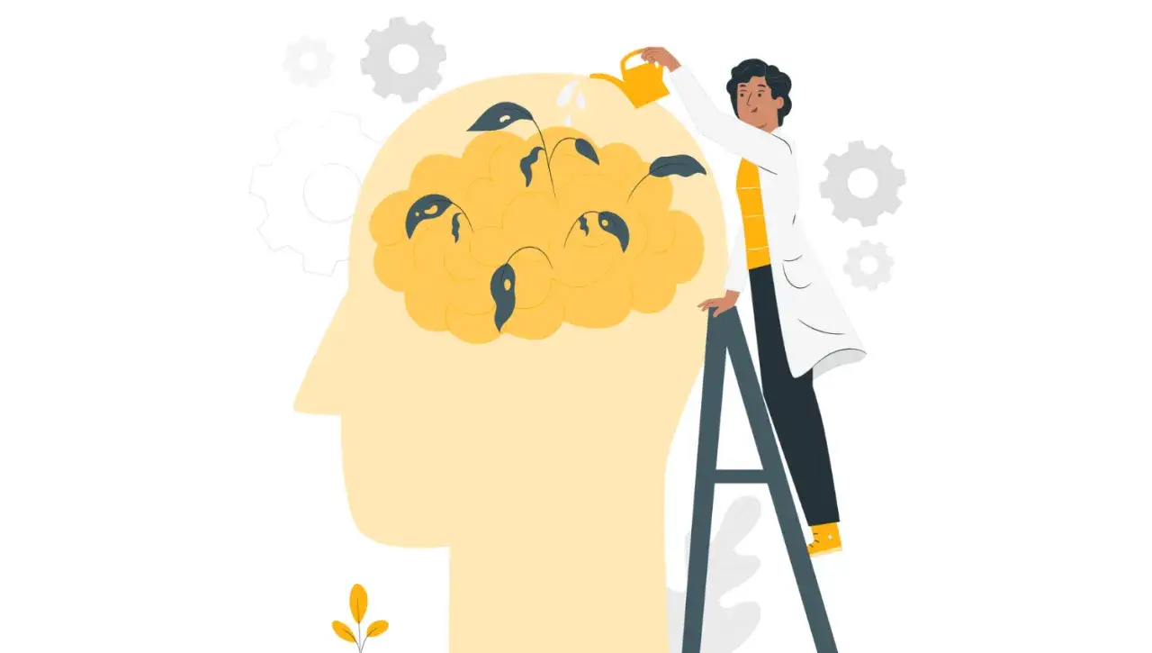 Una persona en bata riega plantas dentro de un cerebro, simbolizando el cultivo de la actitud o aptitud.